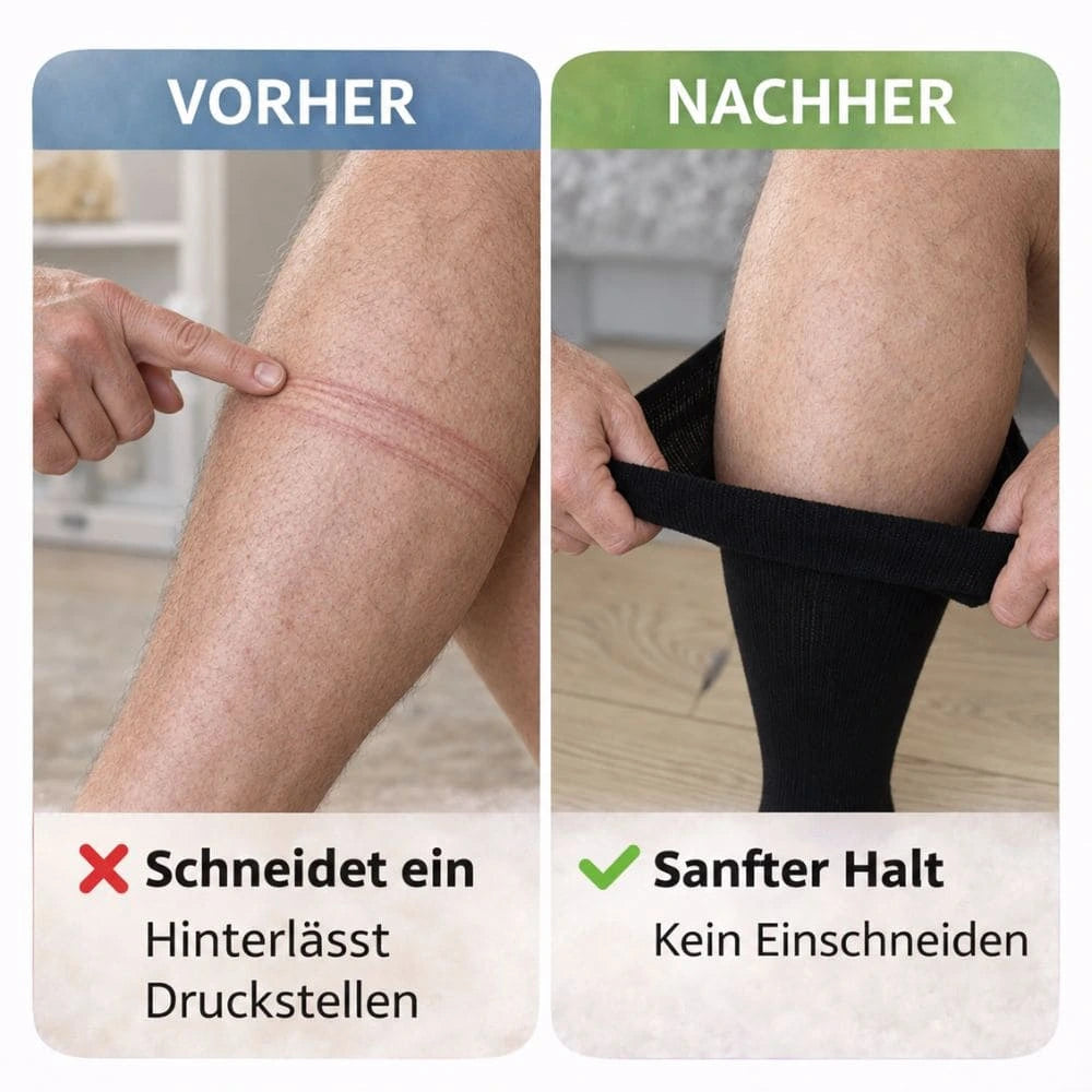 Vergleich an einem Männerbein: links Druckstellen durch schmales Bündchen, rechts breites Mevery Bündchen ohne Abdruck