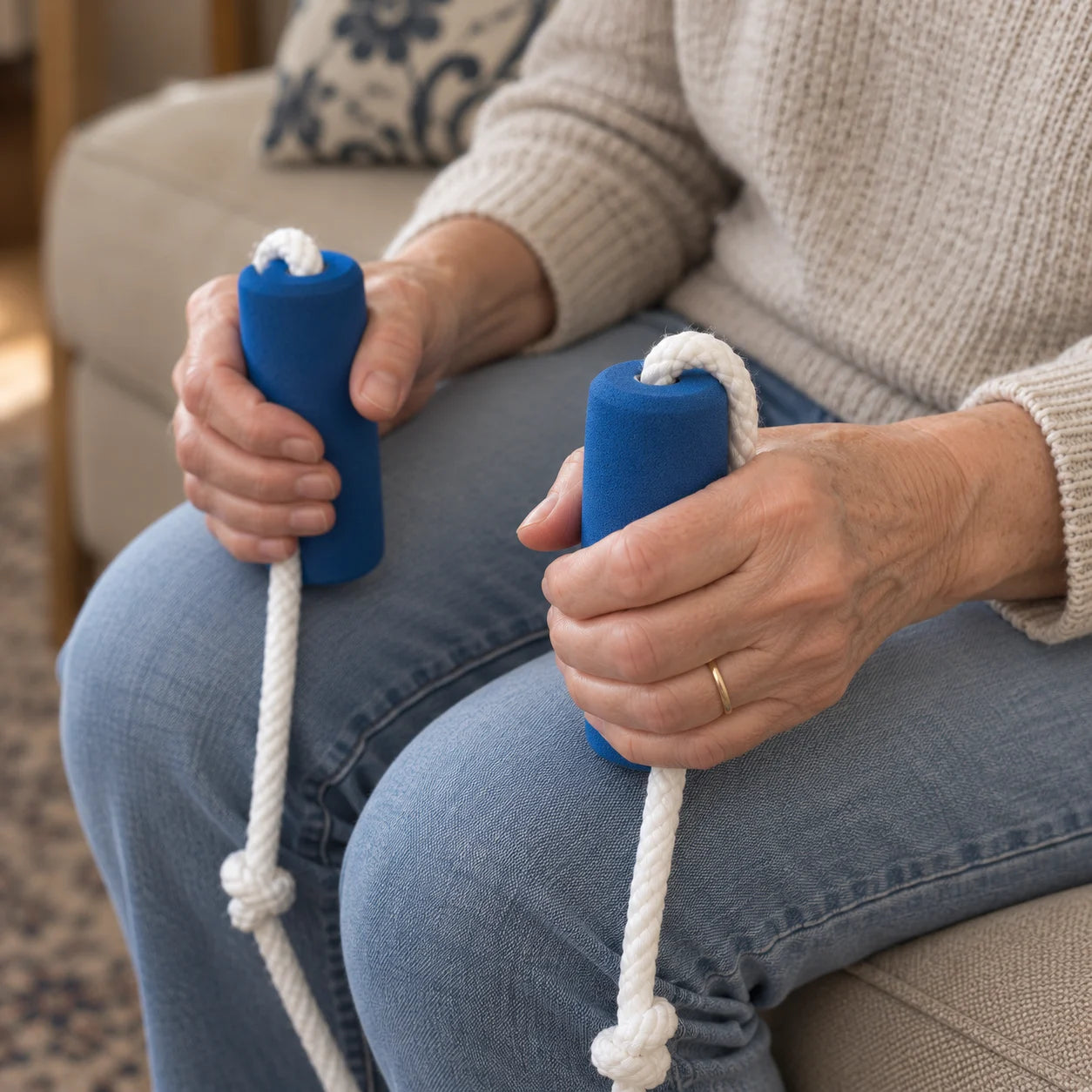 Hände einer Frau halten die blauen Schaumstoff-Griffe der Mevery Anziehhilfe mit weißen Kordeln