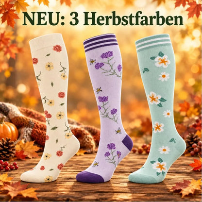 Neue Mevery Herbstblüten Kompressionsstrümpfe in Salbeigrün, Creme und Flieder mit Blumenmuster