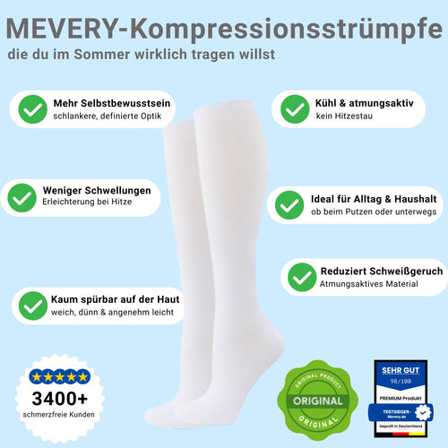 Mevery Classic Kompressionsstrümpfe in Weiß – atmungsaktiv, ideal für den Sommer und bei Venenproblemen